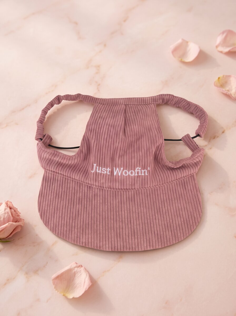 Just Woofin' pink corduroy dog hat with white embroidery on cream linen with eucalyptus