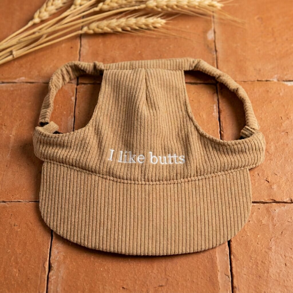 Just Woofin' khaki tan corduroy dog hat on cream linen with eucalyptus